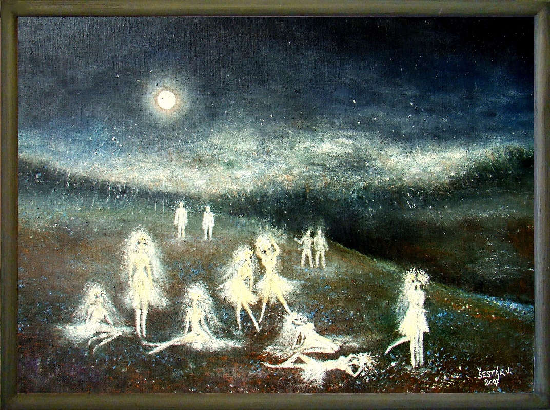 Tajemné bytosti, olej, 2007 Cena obrazua 10.500, - Kč. Rozměr obrazu  (včetně rámu) 64,5x48cm