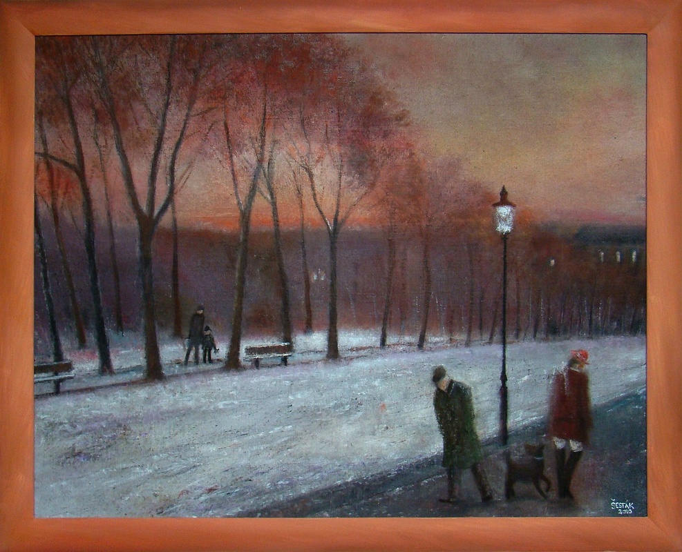 Podvečer v parku, křída na šepsu, 2010 Cena obrazu 12.000, - Kč. Rozměr obrazu (včetně rámu)  77x62cm